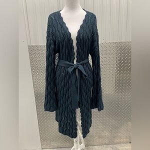 Newport News Vintage Wavy Open Knit Long Belted Cardigan Large Flare Sleeve Teal